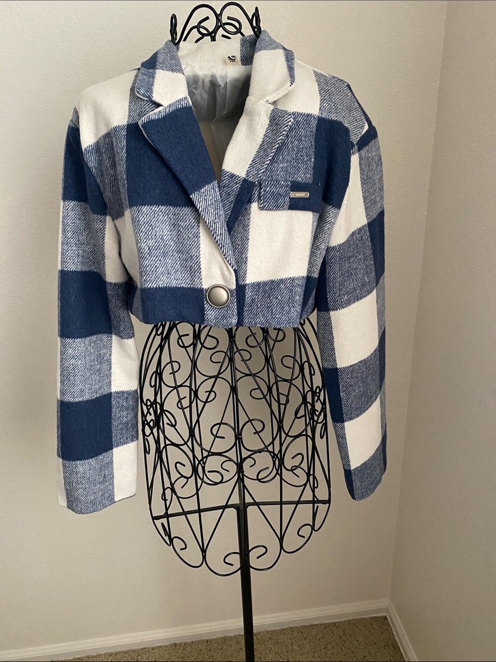 Cropped Blue & White Plaid Women's Jacket